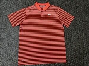 Nike Polo Shirt Mens Large Red-Orange Striped Golf Dri FIT Performance Stretch